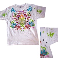 a white t - shirt with colorful designs on it