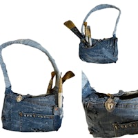 two pictures of a denim purse with a pair of scissors and a brush